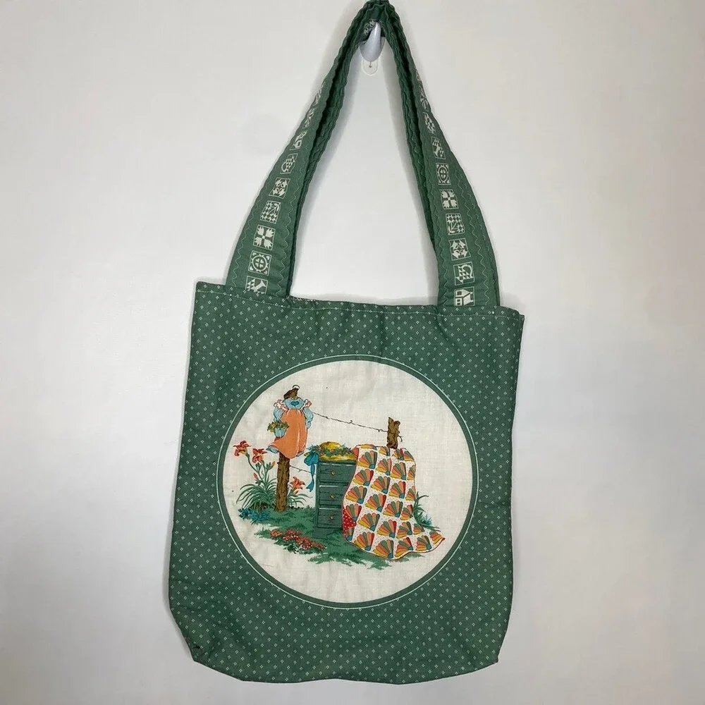 Vintage quilt Green cottonagecore Tote Bag retro - Picture 2 of 7